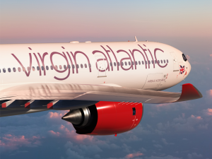 Photograph of a Virgin Atlantic aeroplane in-flight.